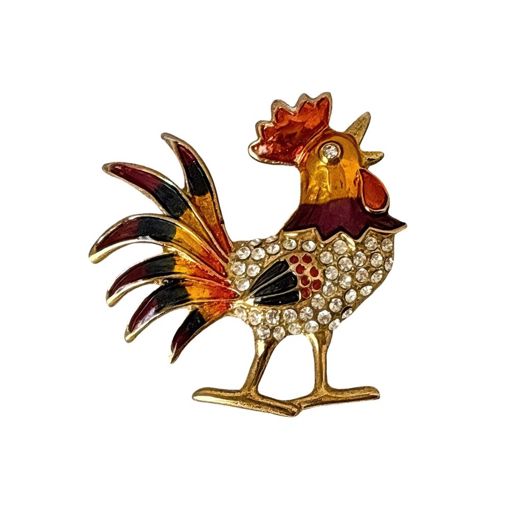 Vintage Gold Enamel Rhinestone Rooster Brooch Pin Chicken Farmhouse